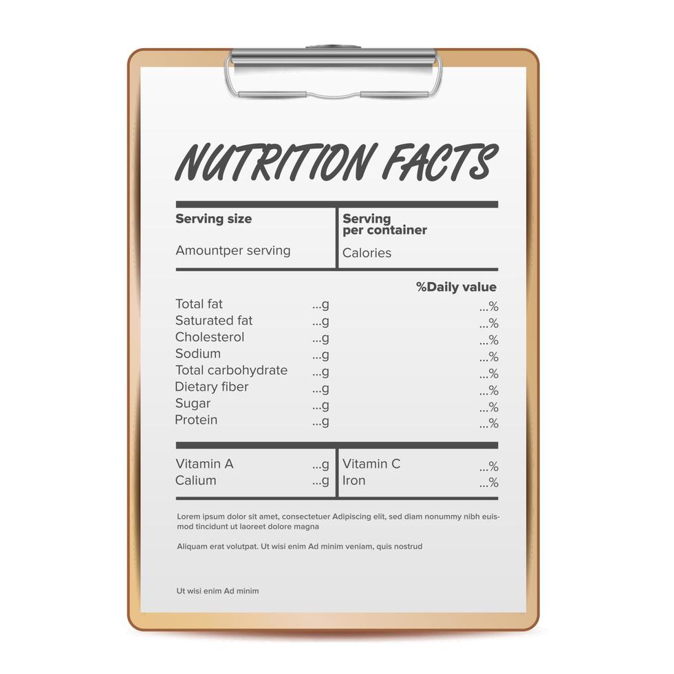 vector de información nutricional. plantilla en blanco. contenido de alimentos información gorda. deporte proteico. gramos y por ciento. ilustración
