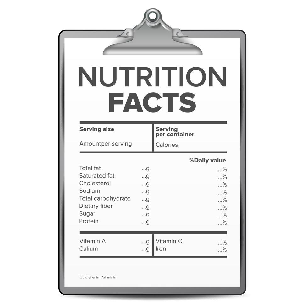 Nutrition Facts Vector. Blank, Template. Diet Calories List. For Box. Guideline. Ingredient Calories. Illustration vector