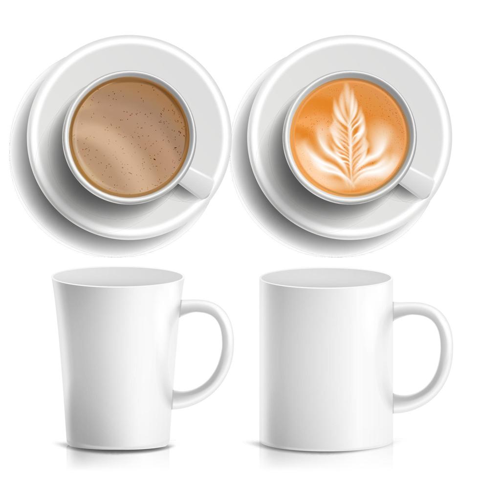 vector de tazas de café. superior, vista lateral. diferentes tipos. menú de café café caliente. bebida de taza de comida rápida. desayuno y cafeína. taza blanca ilustración aislada realista