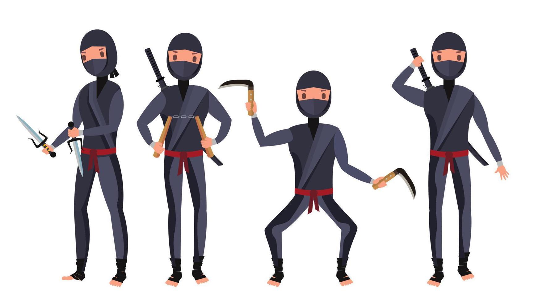 conjunto de ninjas vectoriales. personajes samuráis. atacar, moverse, saltar, patear. aislado en la ilustración de dibujos animados plana de fondo blanco vector