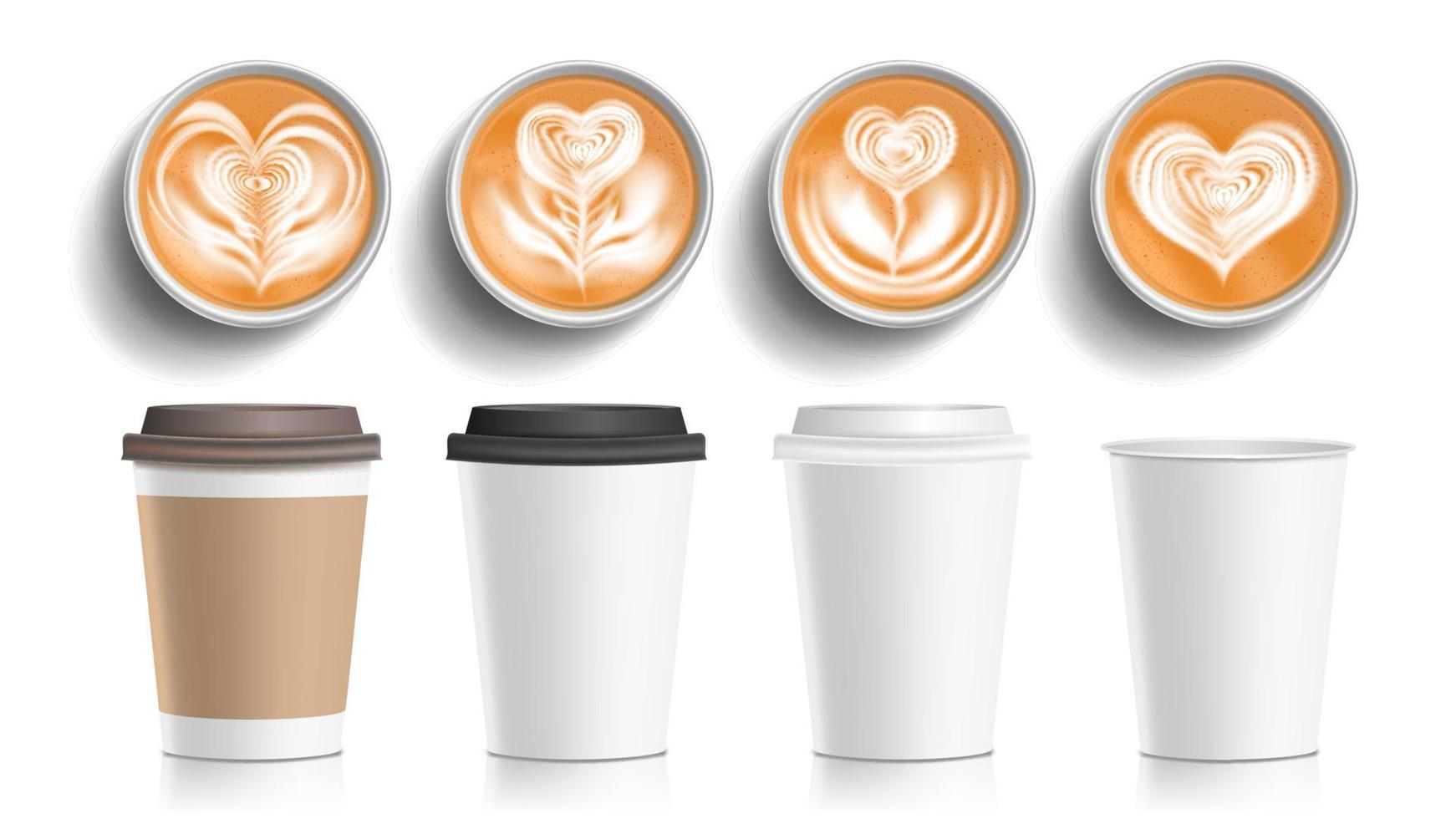 Coffee Cups Art Top View Vector. Plastic, Paper White Empty Fast Food Take Out Coffee Menu Mugs. Various Ocher Paper Cups. Breakfast Beverage. Realistic Isolated Illustration vector