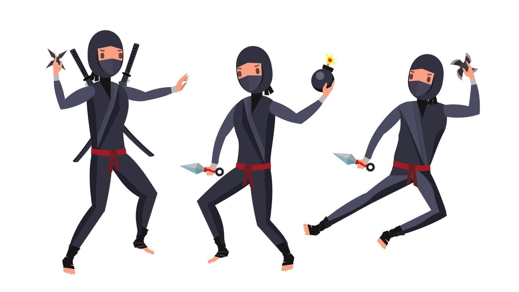 Ninja Warrior Vector. Black Suit. Showing Different Actions With Weapons. Isolated Flat Cartoon Illustration vector