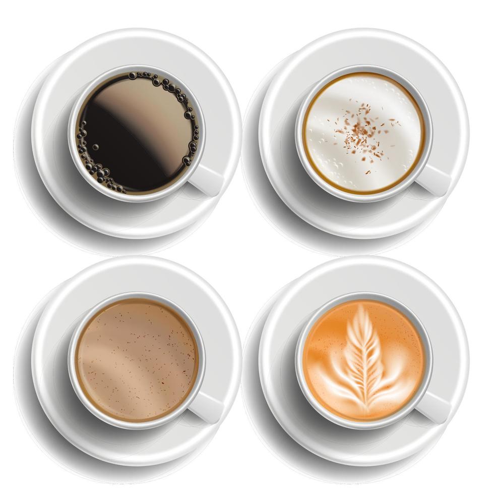 Coffee Cups Set Vector. Top View. Different Types. Coffee Menu. Hot Latte, Cappuchino, Americano, Raf Coffee. Fast Food Cup Beverage. White Mug. Realistic Isolated Illustration vector