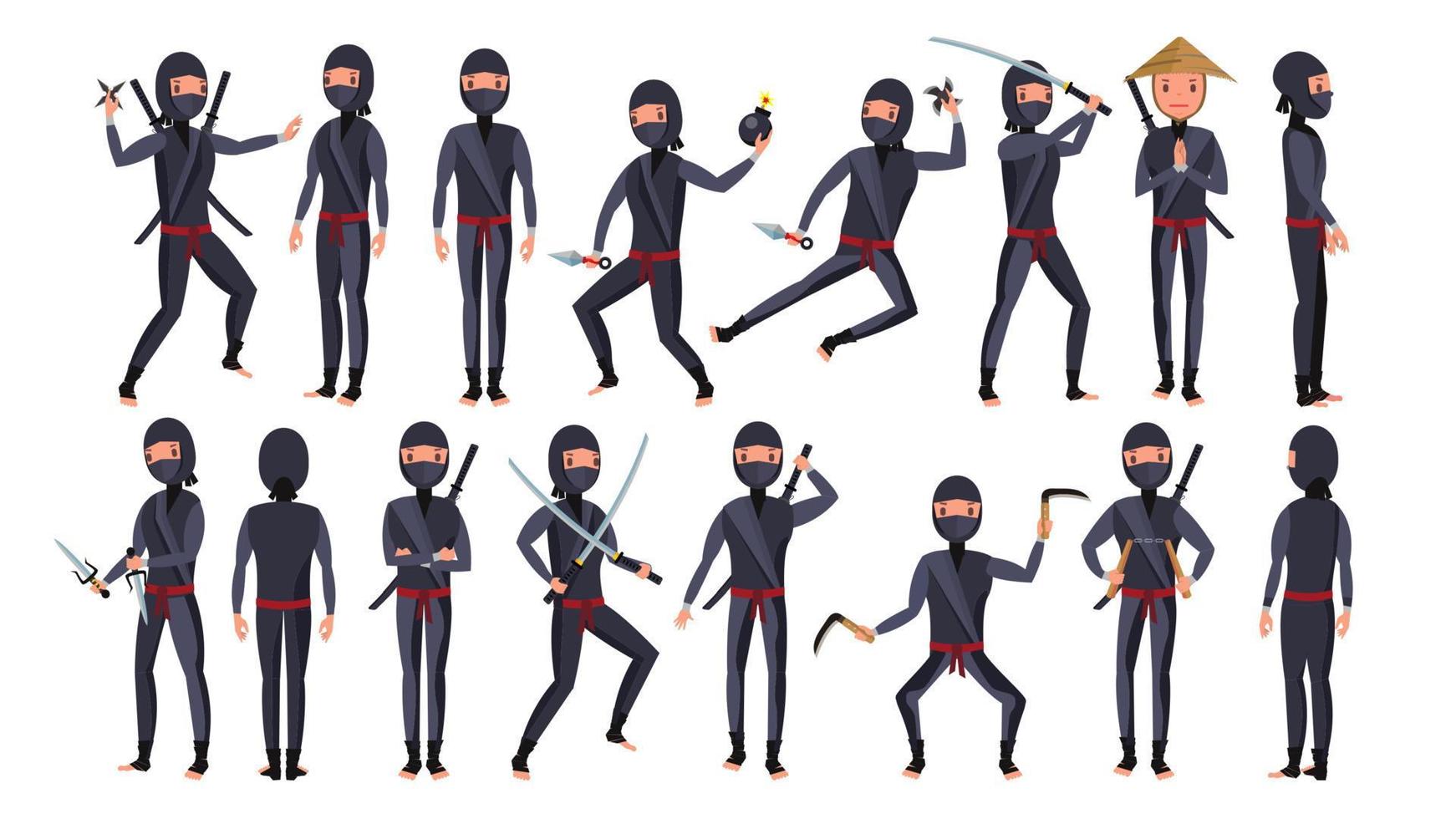 vector de caracteres ninja. guerreros divertidos de dibujos animados. poses diferentes aislado en la ilustración de dibujos animados plana de fondo blanco