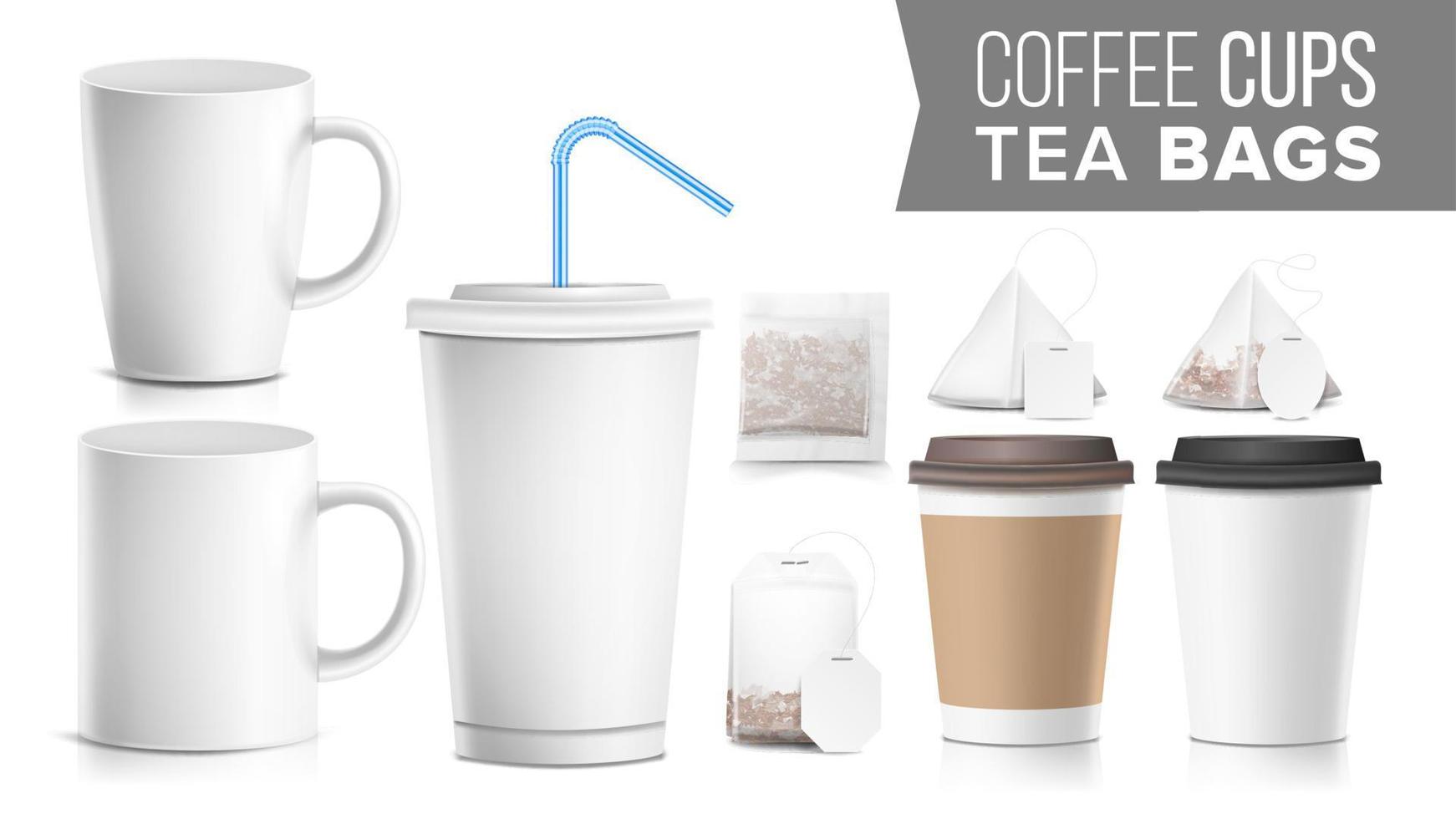 Take-out Various Ocher Paper Cups, Tea Bags Mock Up Vector. Plastic And Ceramic. Big Small Coffee Cup. Cola, Soft Drinks Cup Template. Tube Straw. 3D Cardboard Object. Isolated Illustration vector