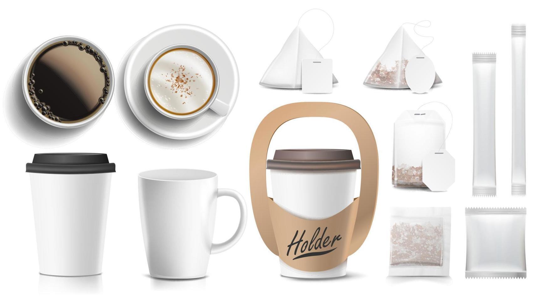 Coffee Packaging Design Vector. Cups Mock Up. White Coffee Mug. Ceramic And Paper, Plastic Cup. Top, Side View. Holder For Carrying One Cup. Blank Foil Packaging Sugar. Realistic Isolated Illustration vector