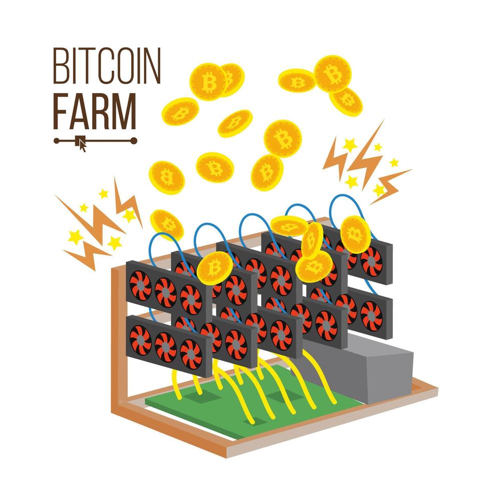 Bitcoin Farm Vector. Cryptocurrency Mining Farm. Video Card. Mining Virtual Gold Coins. Digital Currency Concept. Exchange Service. Data Storage. Isolated Flat Cartoon Illustration vector