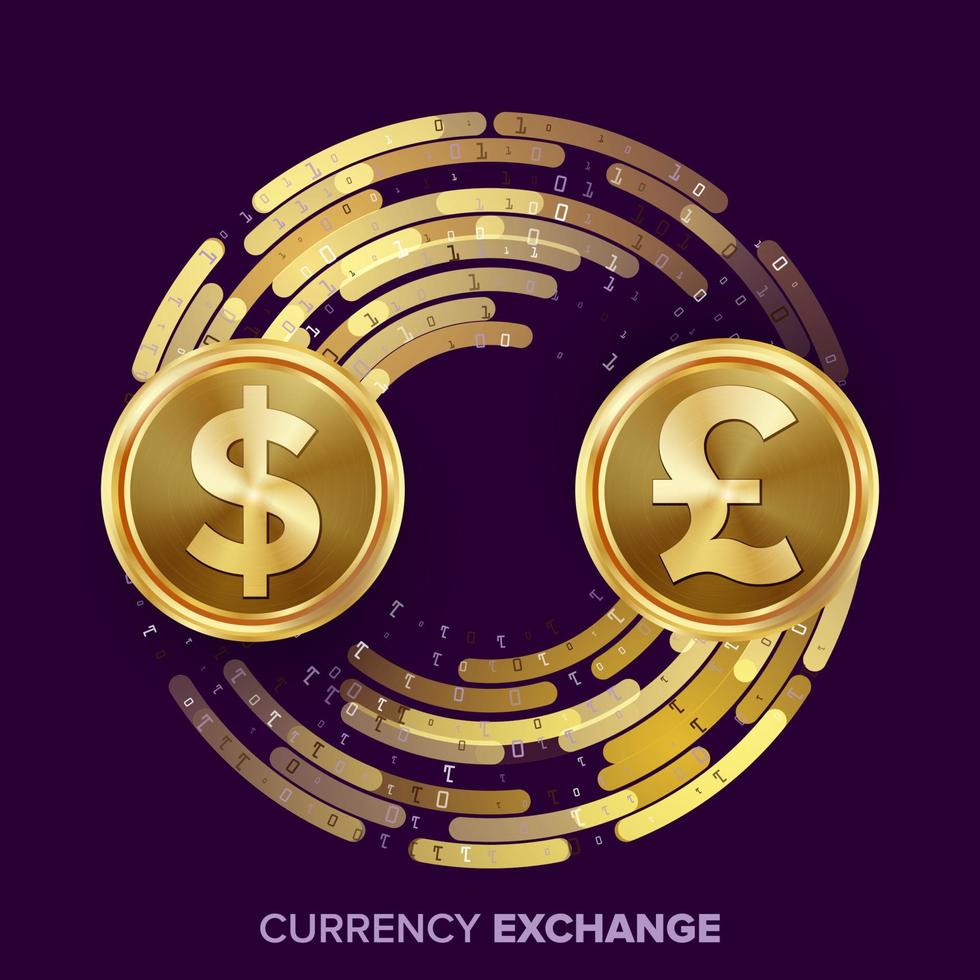 Money Currency Exchange Vector. Dollar, GBP. Golden Coins With Digital Stream. Conversion Commercial Operation For Business Investment, Travel. Financial Or Banking Concept Illustration vector