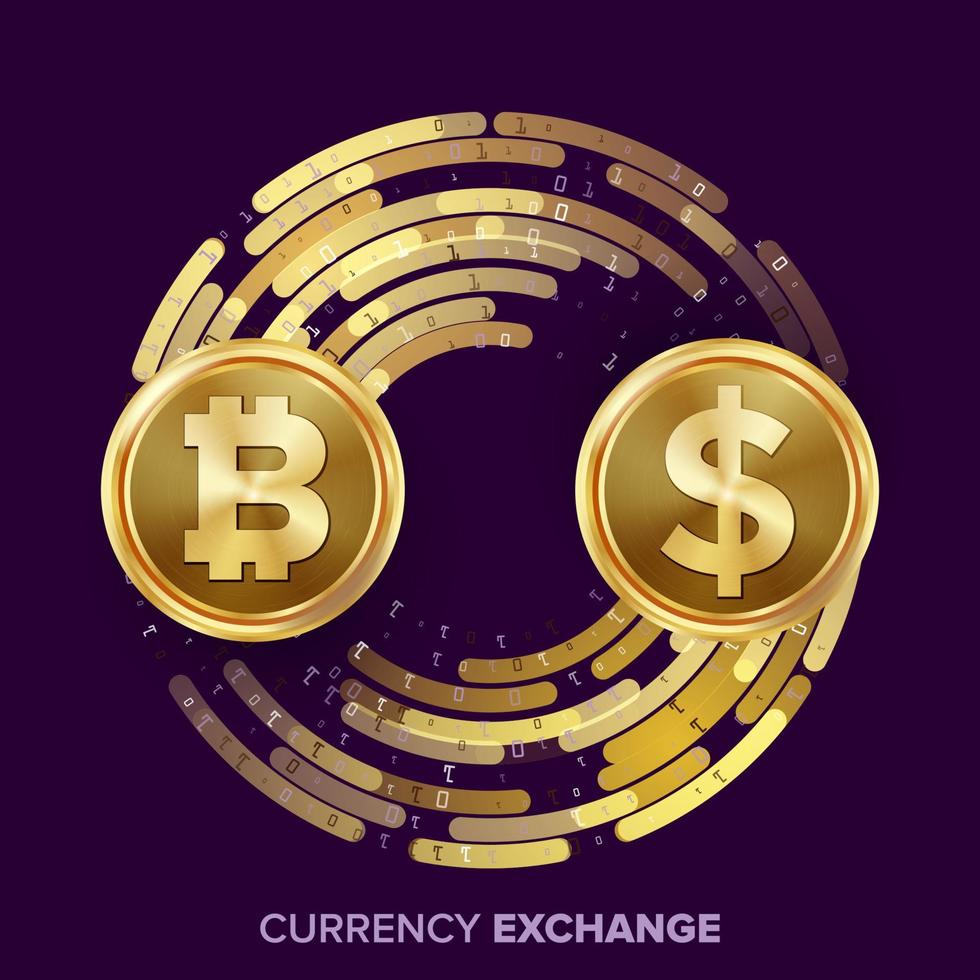 Digital Currency Money Exchange Vector. Bitcoin, Dollar. Fintech Blockchain. Gold Coins With Digital Stream. Cryptography. Conversion Commercial Operation. Business Investment. Financial Illustration vector