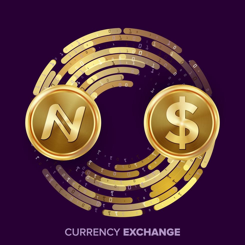 Digital Currency Money Exchange Vector. Namecoin, Dollar. Fintech Blockchain. Gold Coins With Digital Stream. Cryptography. Conversion Commercial Operation. Business Investment. Financial Illustration vector