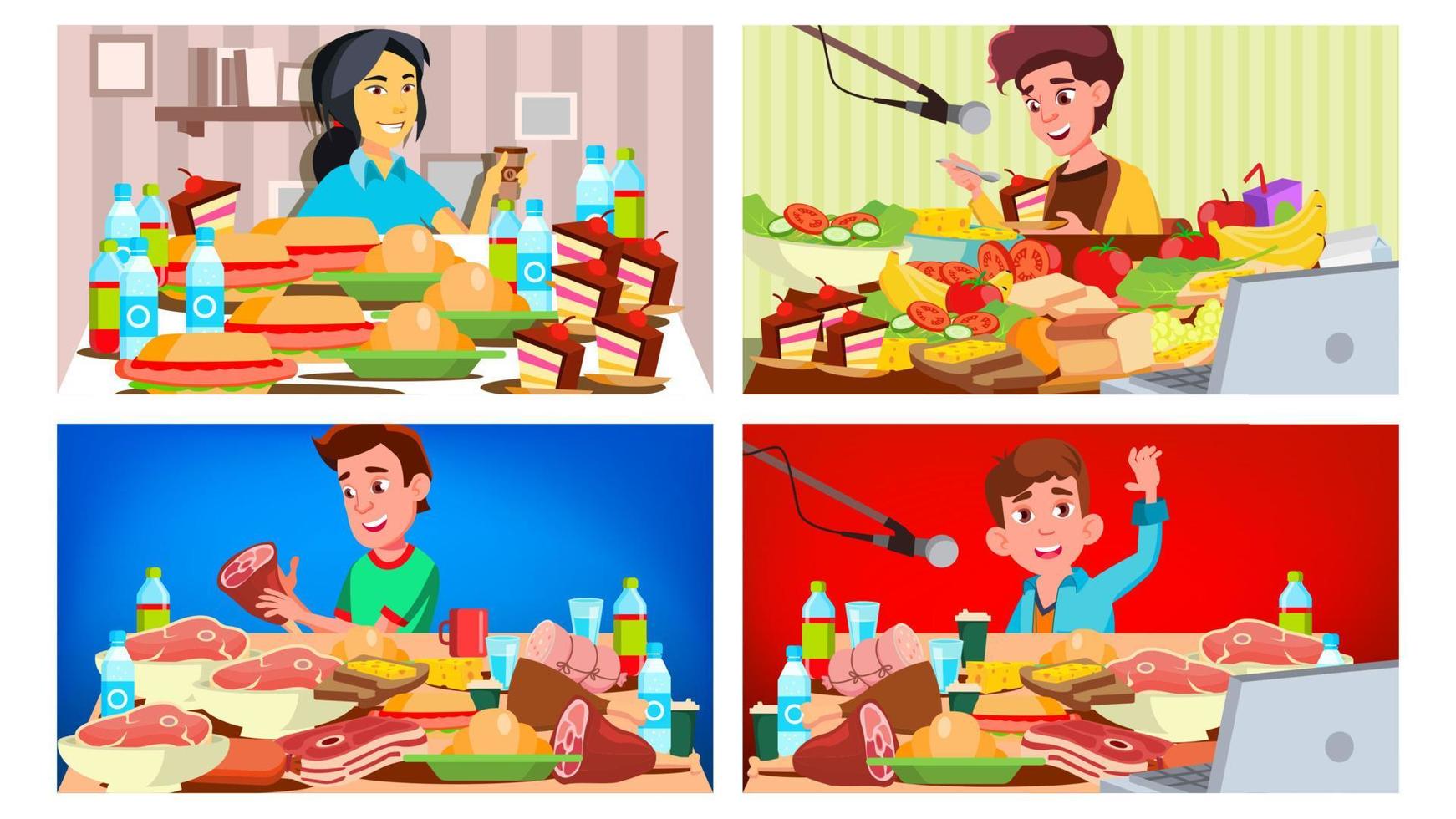 vector de espectáculo de comer mukbang. chica, chico. espectáculo de comer. grabación. transmisión en vivo en línea. redes sociales asiáticas. cocinar mucha comida. coreano. ilustración