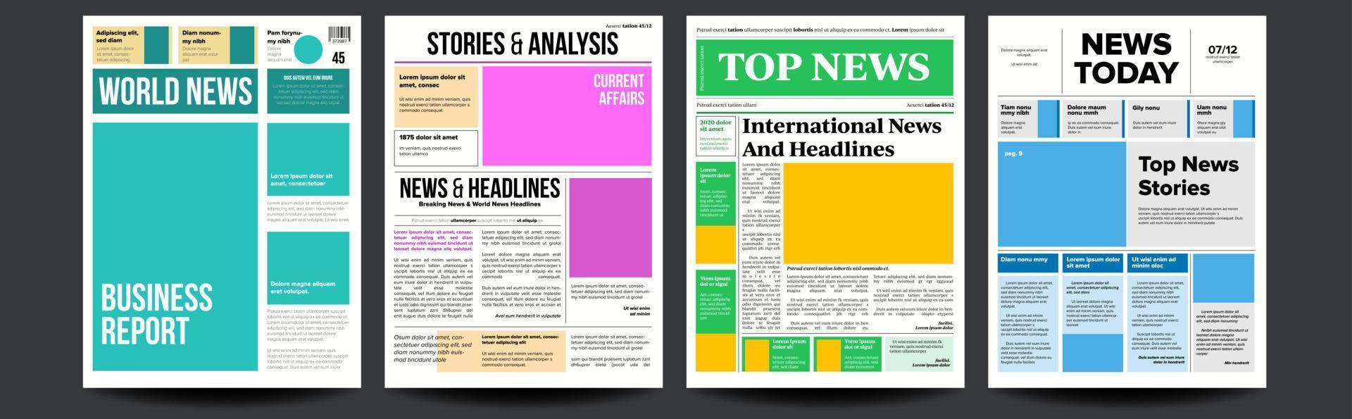 Newspaper Cover Set Vector. Paper Tabloid Design. Daily Headline World Business Economy And Technology. Text Articles, Images. World News Economy Headlines. Tabloid. Breaking. Illustration vector