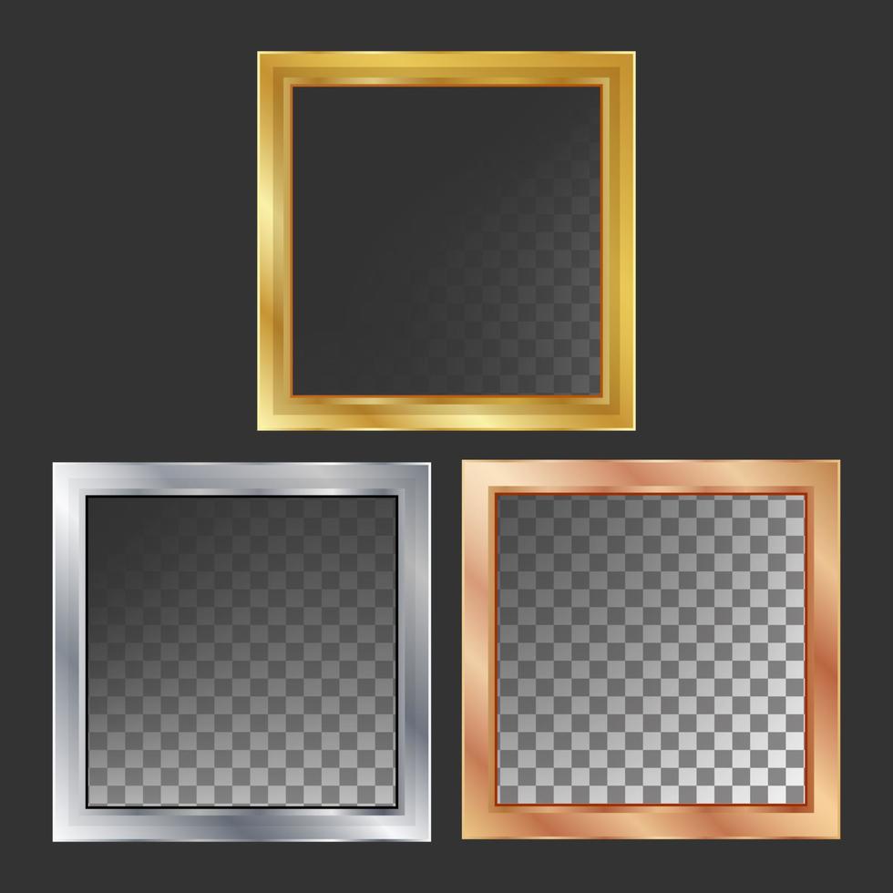 Gold, Silver, Bronze, Copper Metal Frames Vector. Square. Realistic Metallic Plates Illustration vector