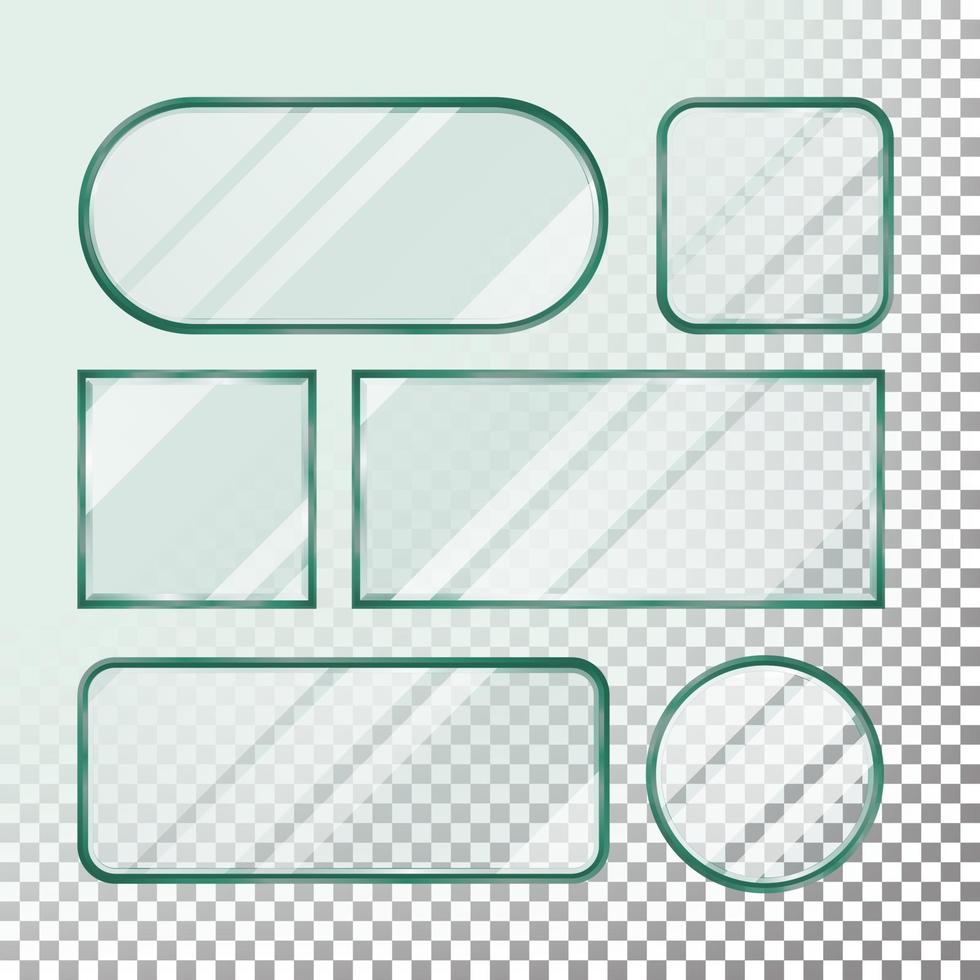 Transparent Glass Button Vector. Set Square, Round, Rectangular Shape. Realistic Plates. Isolated On Transparency Background Illustration vector