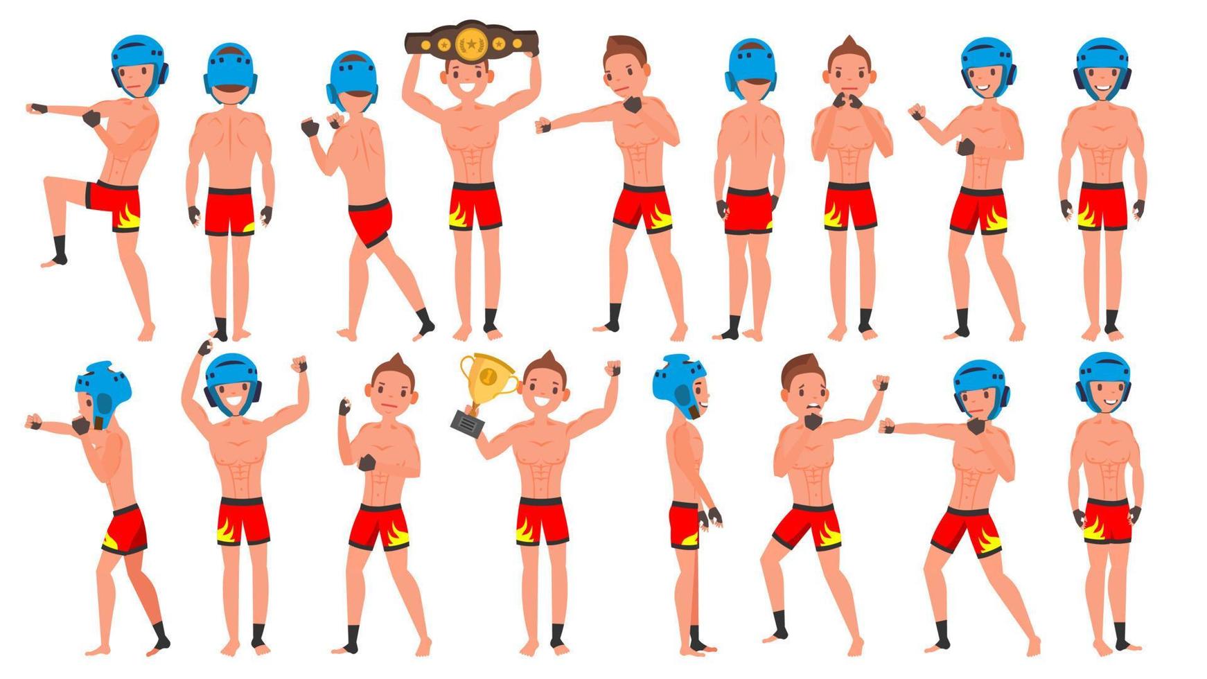 MMA Player Male Vector. Muay Thai Poses. Muscular Sports Guy Workout. Isolated Flat Cartoon Character Illustration vector