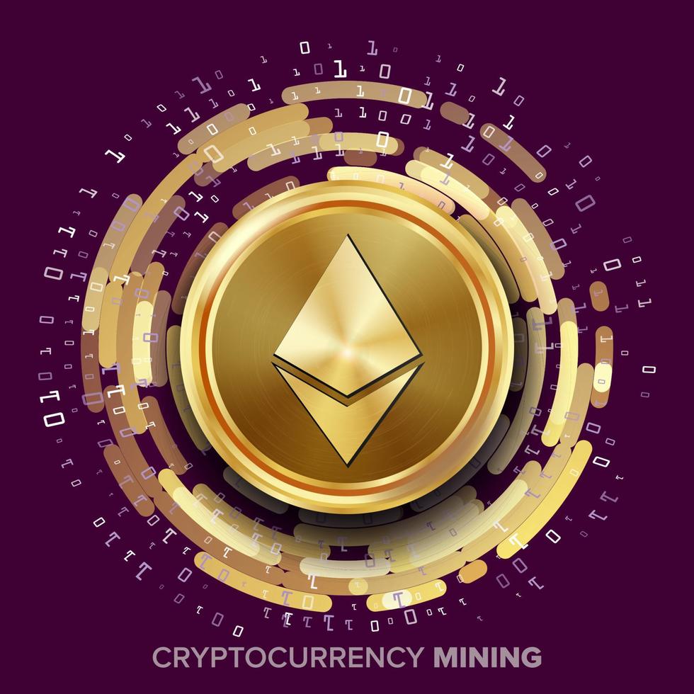 Mining Ethereum Cryptocurrency Vector. Golden Coin, Digital Stream. Futuristic Money. Fintech Blockchain. Processing Binary Data Arrays Operation. Cryptography, Financial Technology Illustration vector