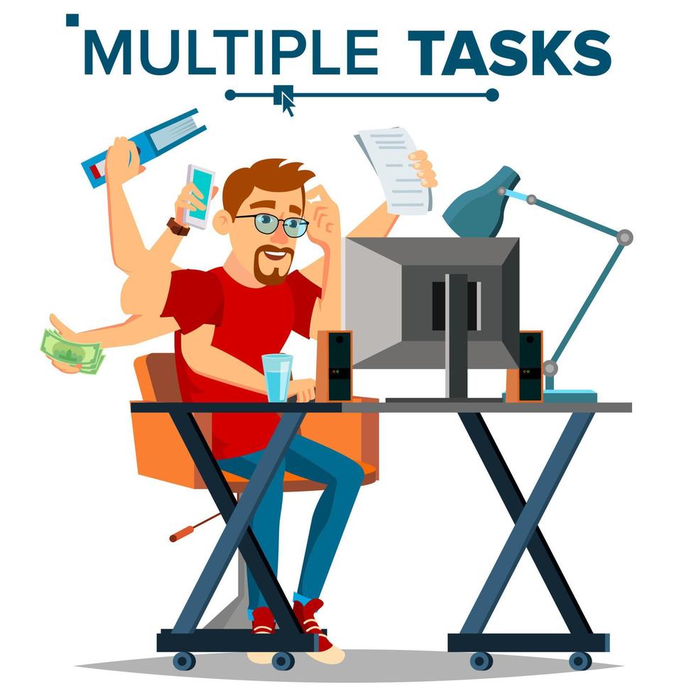 Multiple Tasks Businessman Vector. Many Hands Doing Tasks Simultaneously. Business Strategy. Flat Cartoon Illustration vector