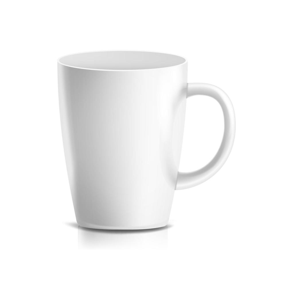 White Mug Vector. 3D Realistic Ceramic Coffee, Tea Cup Isolated On White. Classic Home Cup Mock Up With Handle Illustration. vector