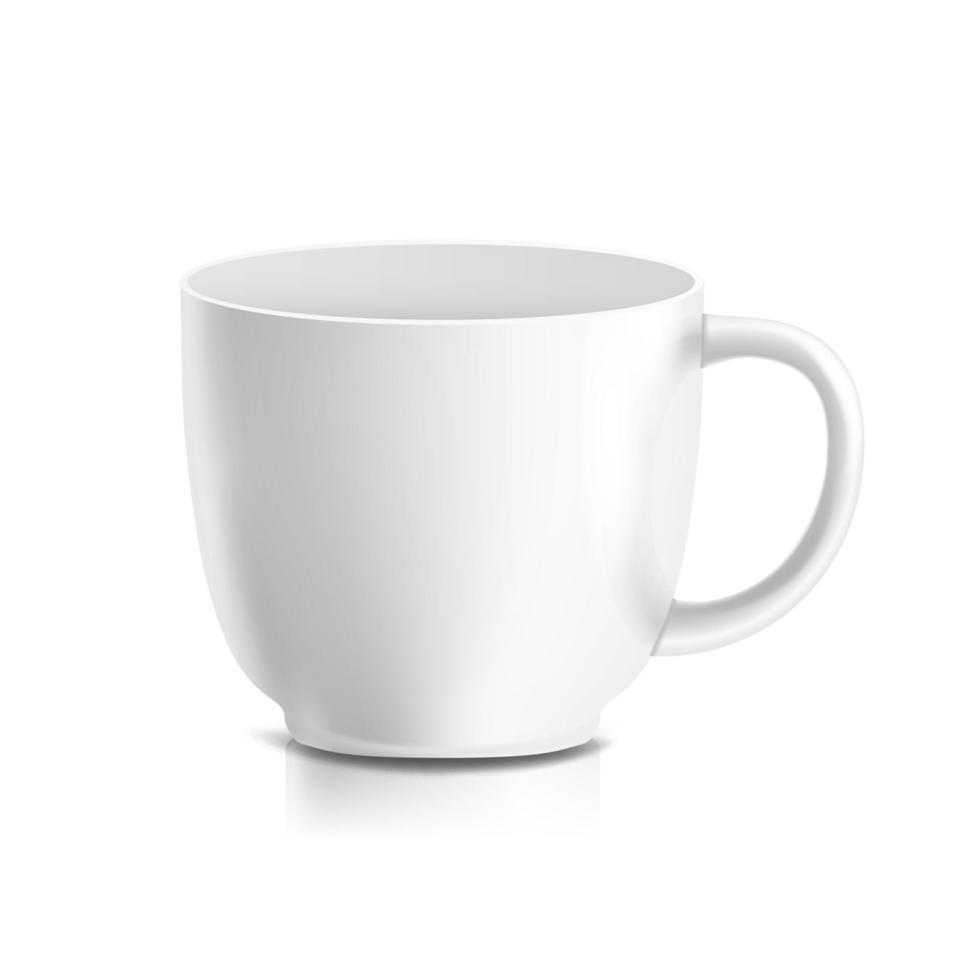 White Mug Vector. 3D Realistic Ceramic Coffee, Tea Cup Isolated On White. Classic Office Cup Mock Up With Handle Illustration. Good For Business Branding, Corporate Identity vector