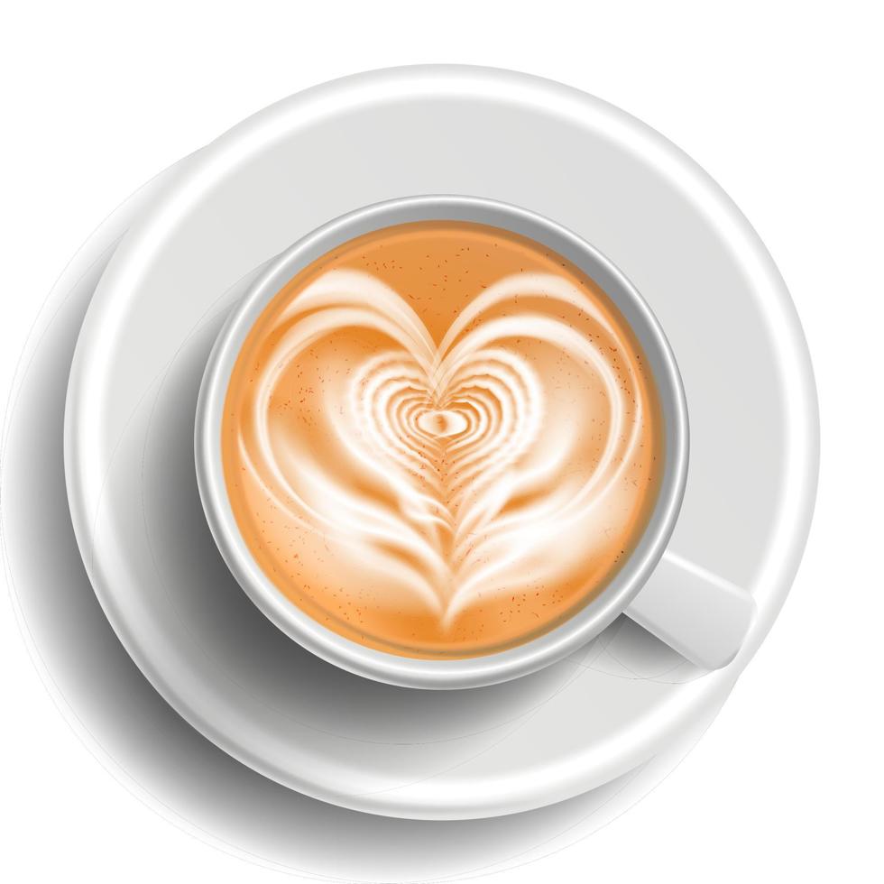Coffee Art Cup Vector. Top View. Heart. Hot Cappuchino Coffee. White Mug. Illustration vector