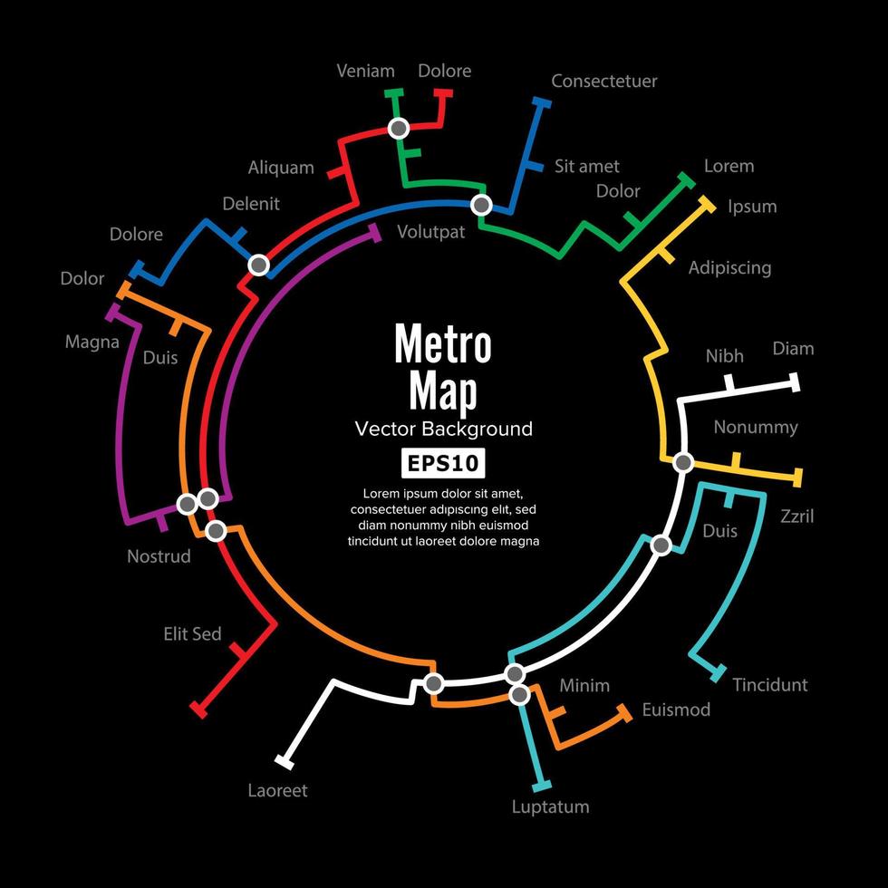 Metro Map Vector. Template Of City Transportation Scheme For Underground Road. Colorful Background With Stations vector