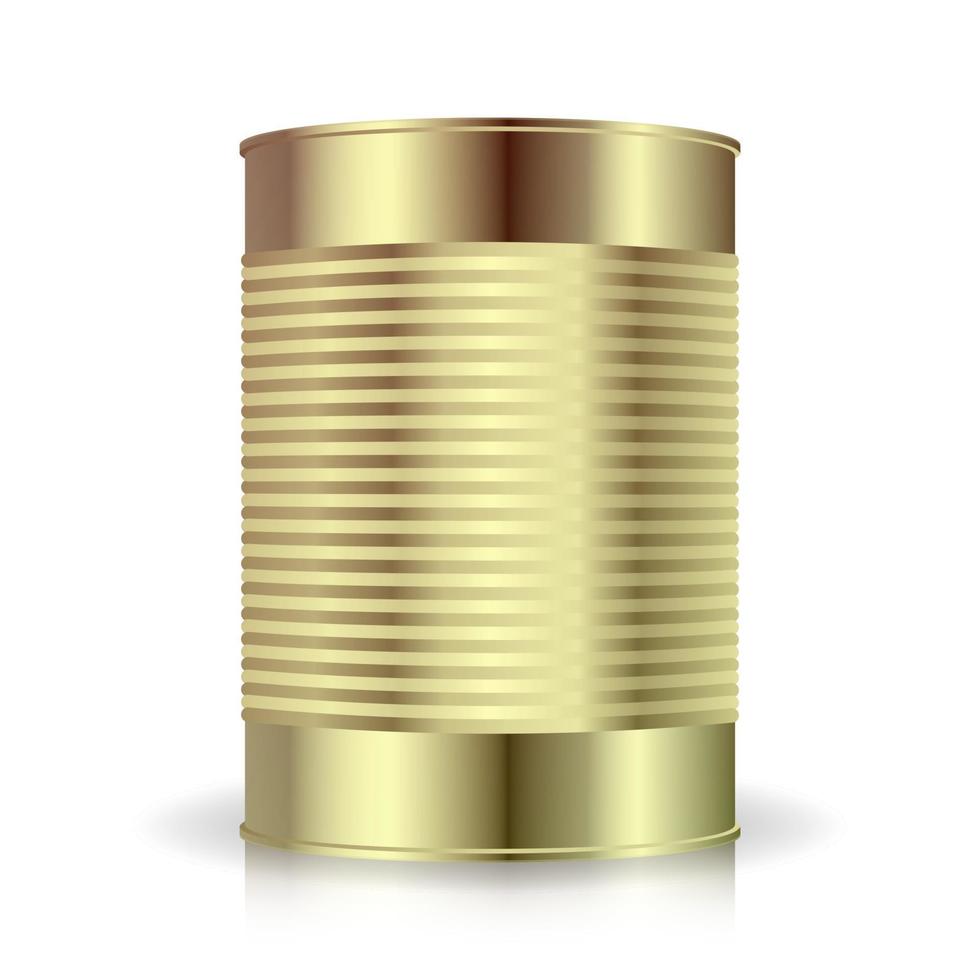 Metallic Cans Vector. Food Tincan Ribbed Metal Tin Can, Canned Food. Blank For Your Design. Realistic Empty Product Packing Template With Shadow And Reflection vector