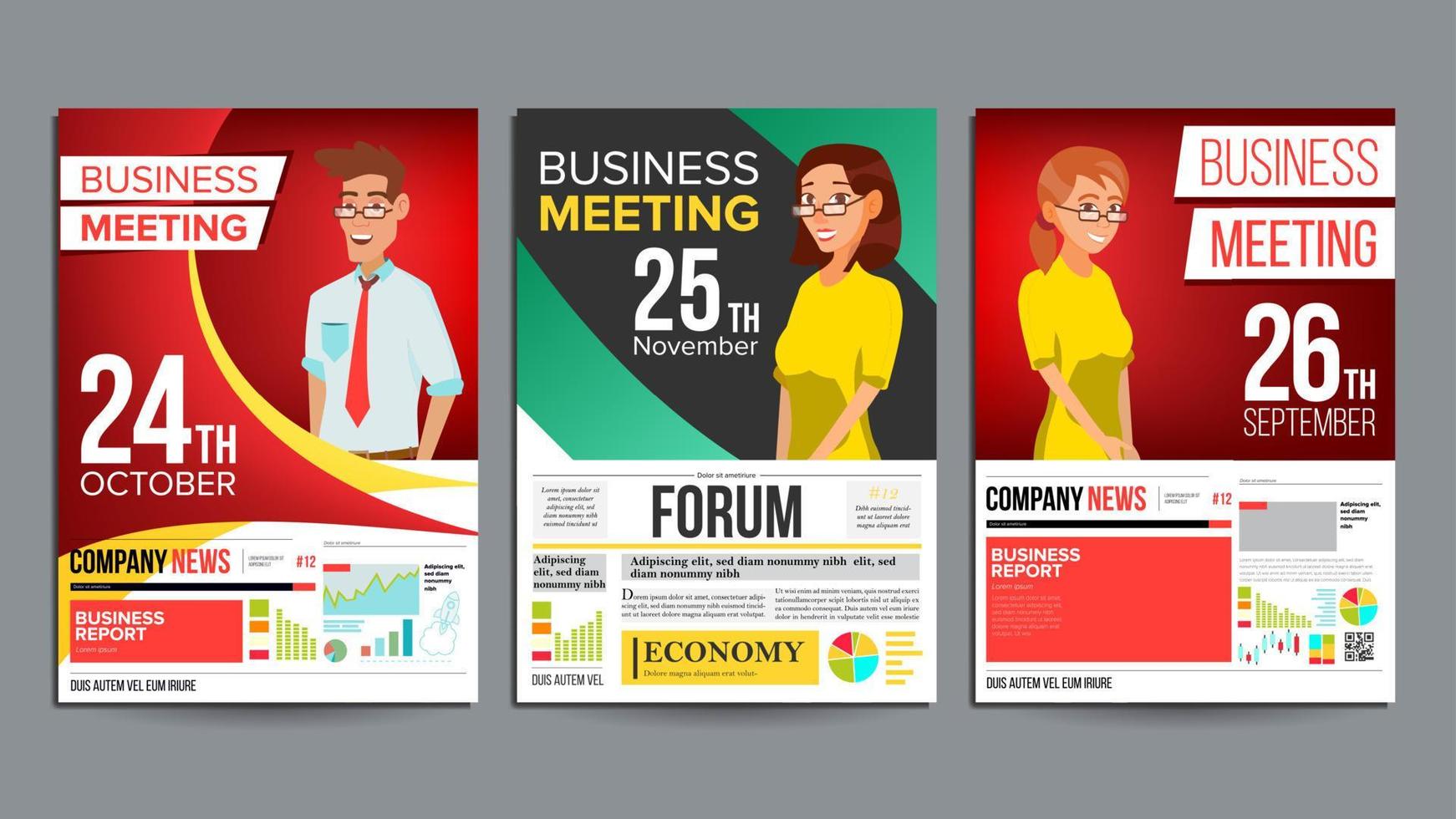 Business Meeting Poster Set Vector. Businessman And Business Woman. Invitation And Date. Conference Template. A4 Size. Cover Annual Report. Green, Red, Yellow. Chart And Graph Statistics. Illustration vector