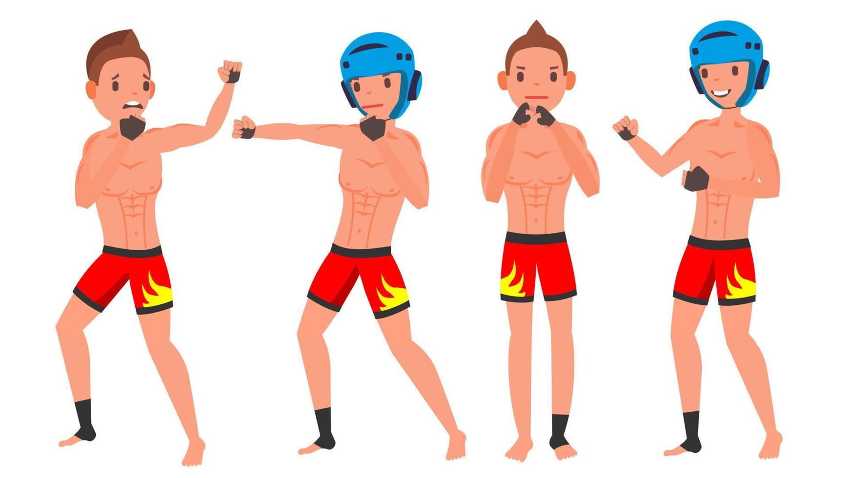 vector de jugador masculino mma. peleando en ring, jaula, arena. jugando en diferentes poses. atleta hombre. aislado en blanco ilustración de personaje de dibujos animados