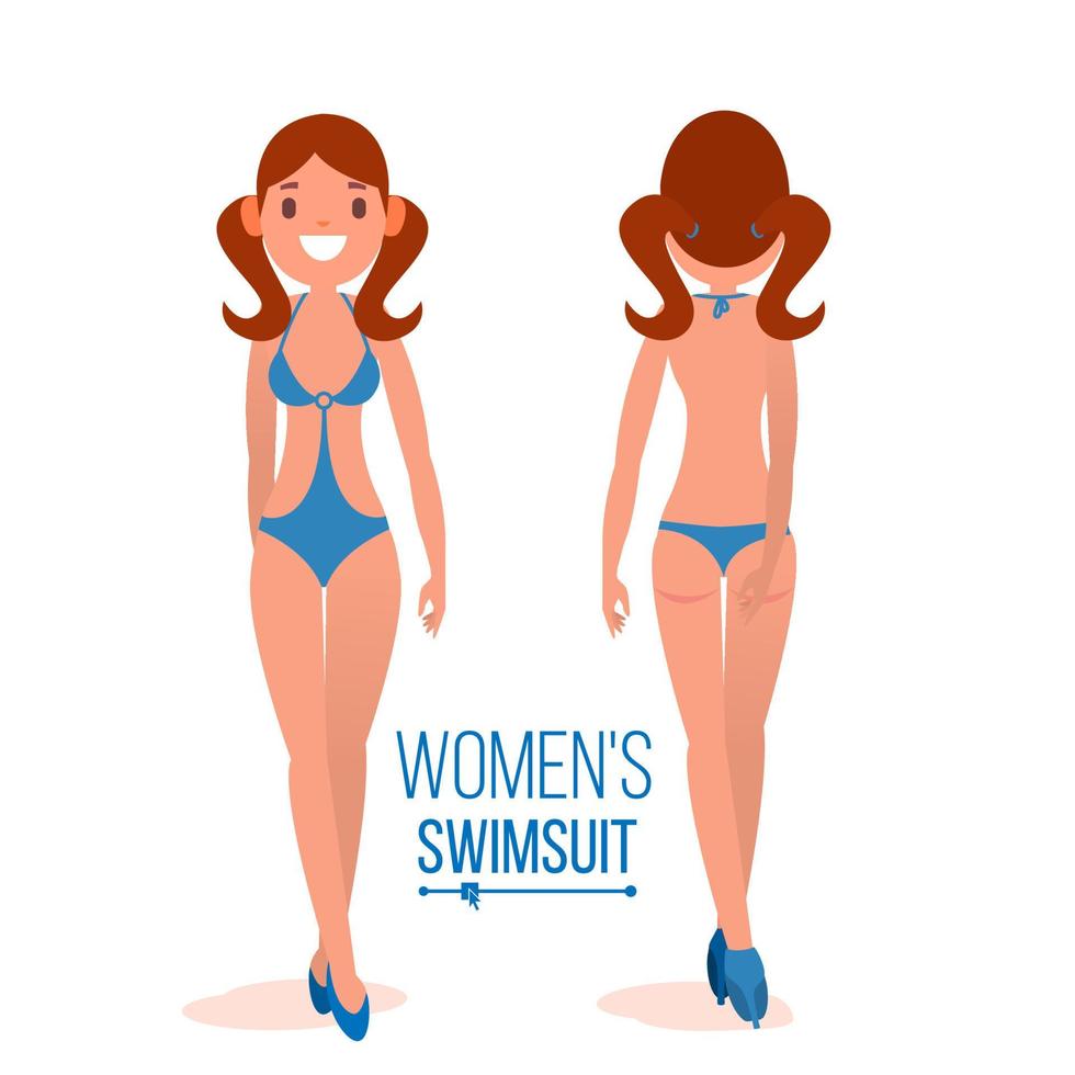 Women s Swimsuit Vector. Fashion Girl Displaying Modern Summer Beach Swimsuit. Back And Front Side. Beauty Female Swimwear Design. Isolated Flat Illustration vector
