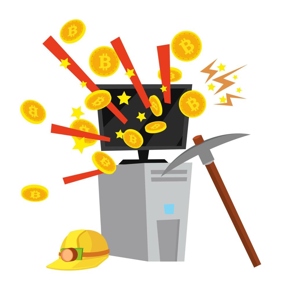 Computer Mining Bitcoin Vector. Cryptocurrency Farm. Virtual Gold Coins. Digital Currency Concept. Isolated Flat Cartoon Illustration vector