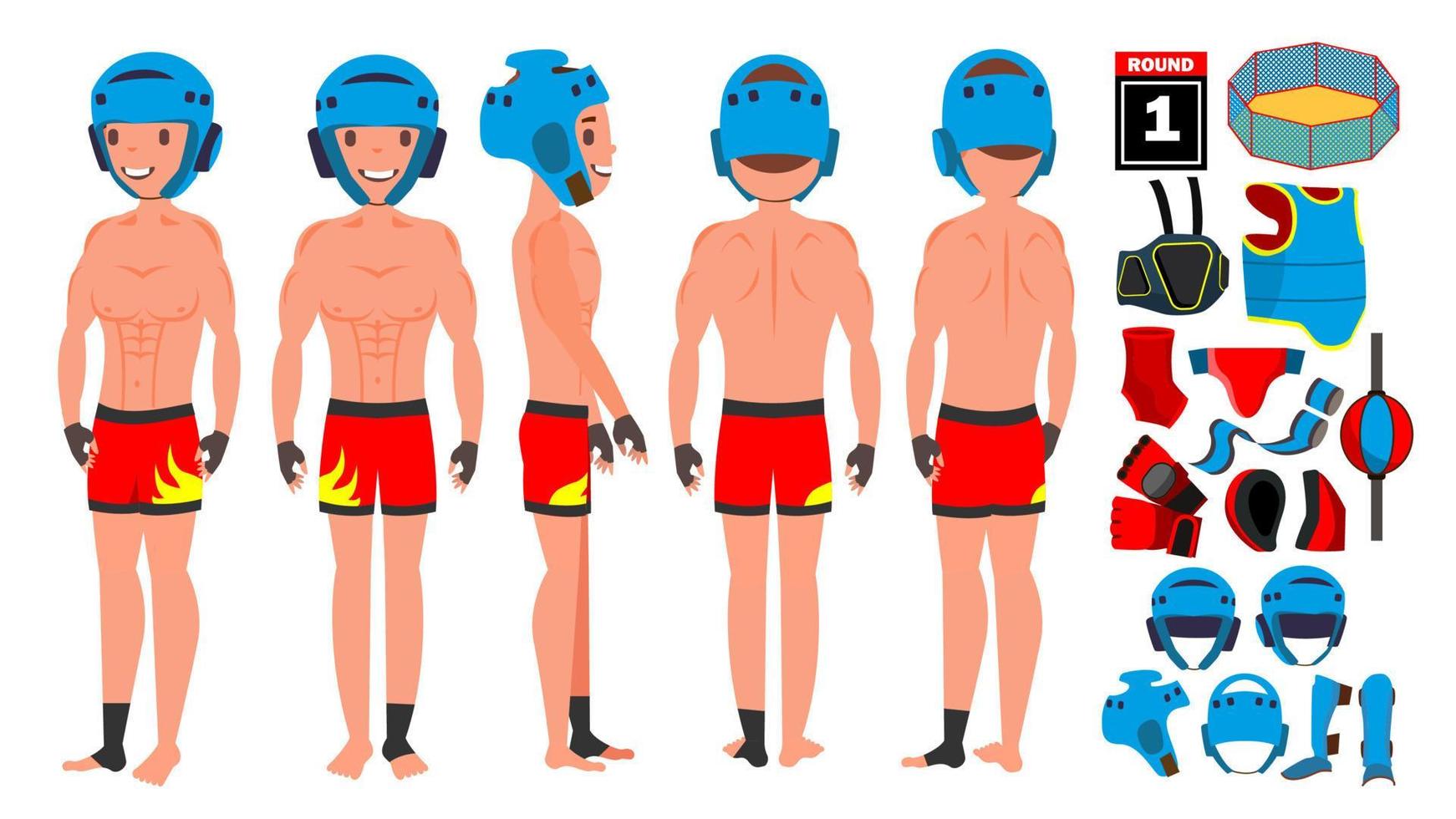 MMA Man Player Male Vector. Preparing For Training. Traditional Fighting Poses. Cartoon Athlete Character Illustration vector