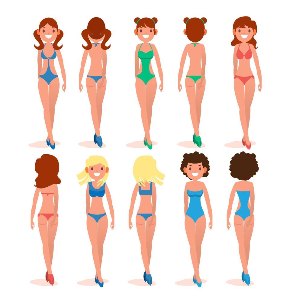 Women s Swimsuit Set Vector. Beautiful Girls In Bathing Suits Of Different Types. Various Types. Fashion Bikini Collection. Isolated Flat Illustration vector