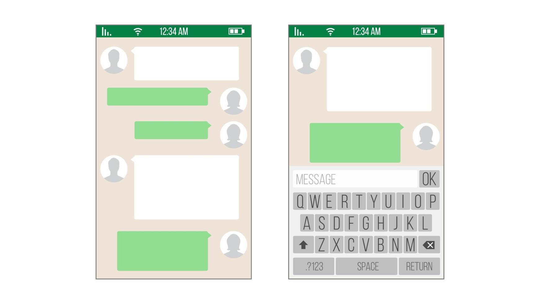 Chat, Sms Application Vector Template. Message Boxes. Modern Mobile Keyboard Isolated Illustration