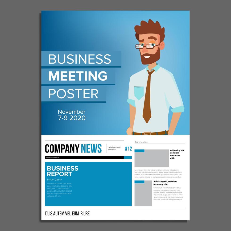 Business Meeting Poster Vector. Businessman. Invitation And Date. Conference Template. A4 Size. Cover Annual Report. Flat Cartoon Illustration vector