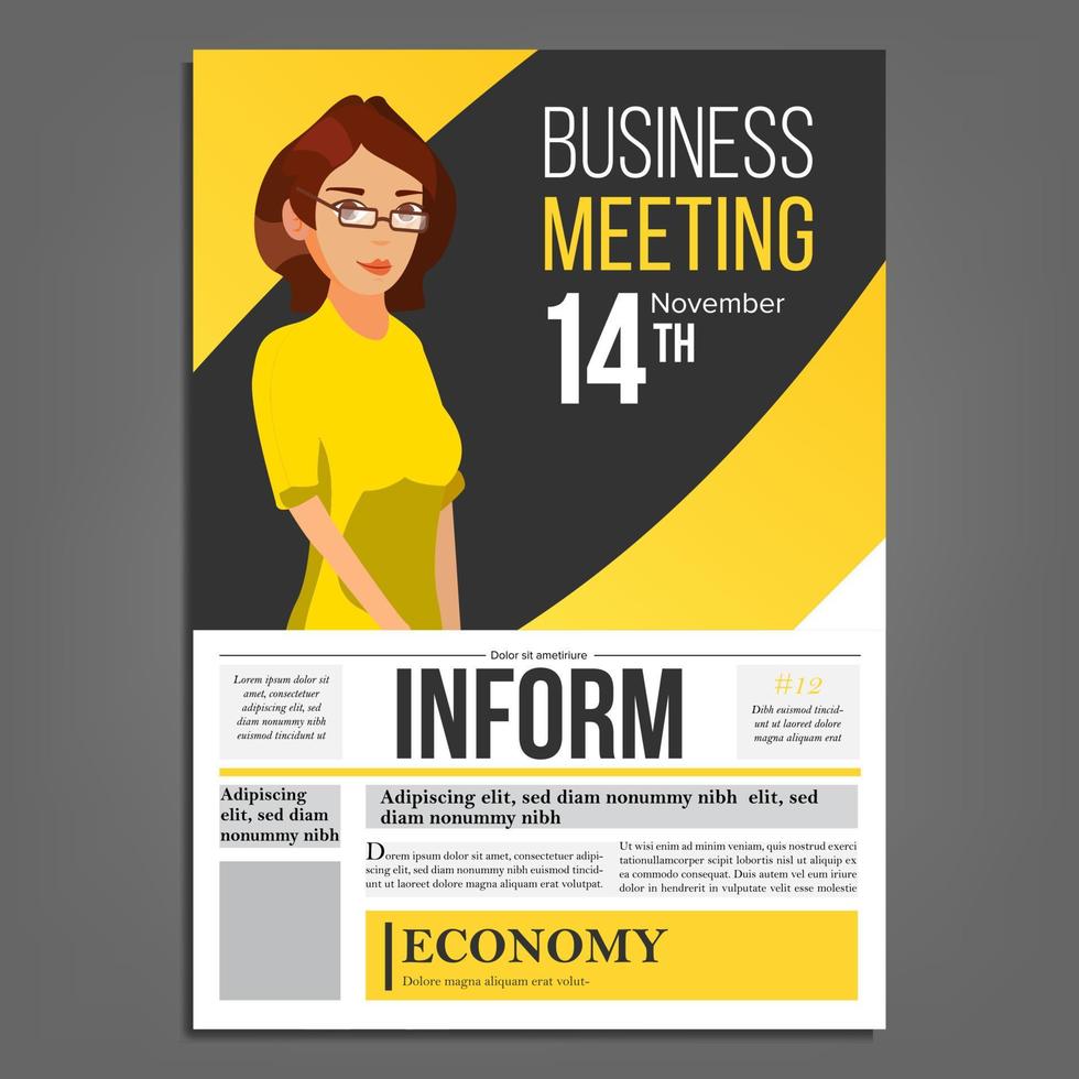 Business Meeting Poster Vector. Business Woman. Layout. Presentation Concept. Corporate Banner Template. A4 Size. Flat Cartoon Illustration vector