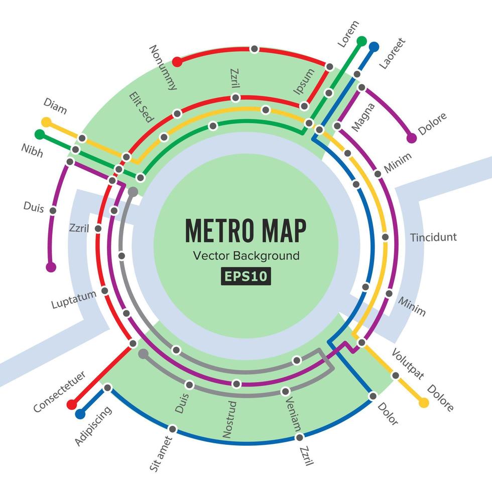 Metro Map Vector. Template Of City Transportation Scheme For Underground Road. Colorful Background With Stations vector