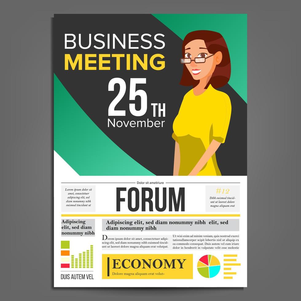 Business Meeting Poster Vector. Business Woman. Invitation And Date. Conference Template. A4 Size. Green, Yellow Cover Annual Report. Teamwork Cooperation. Illustration vector