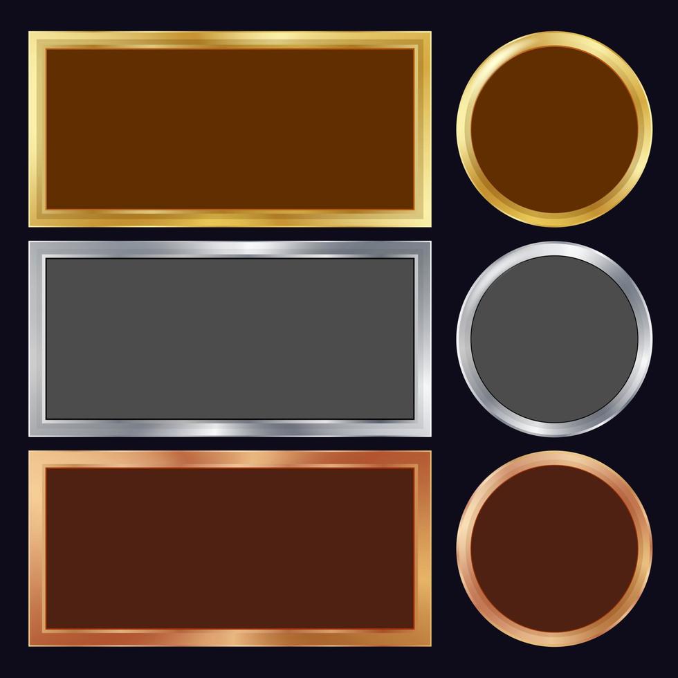 vector de marcos de metal de oro, plata, bronce y cobre. rectangular, redonda. ilustración realista de placas metálicas