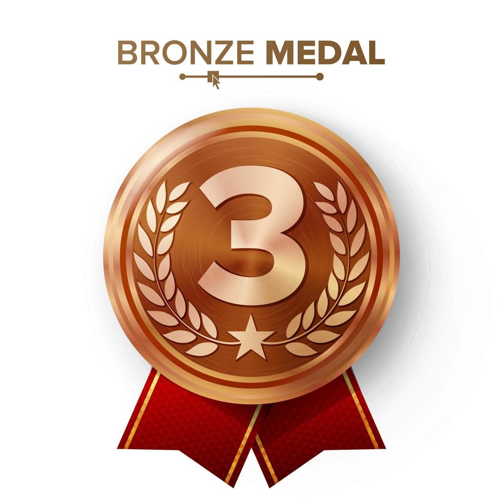 vector de medalla de 3er lugar de bronce. insignia realista de metal con tercer logro de colocación. etiqueta redonda con cinta roja, corona de laurel, estrella. premio de honor del ganador. competencia juego bronce ganador trofeo premio