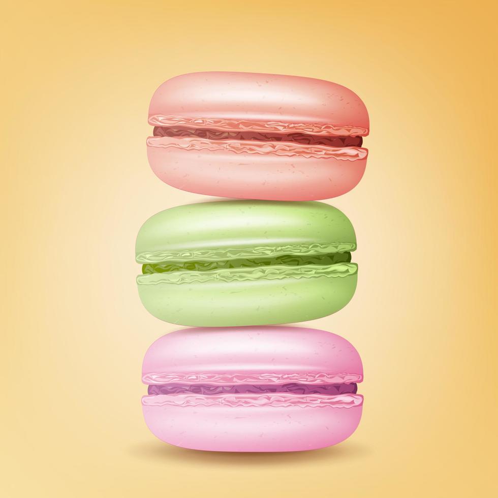 Realistic Macarons Vector. Sweet French Macaroons On Yellow Background Illustration. vector