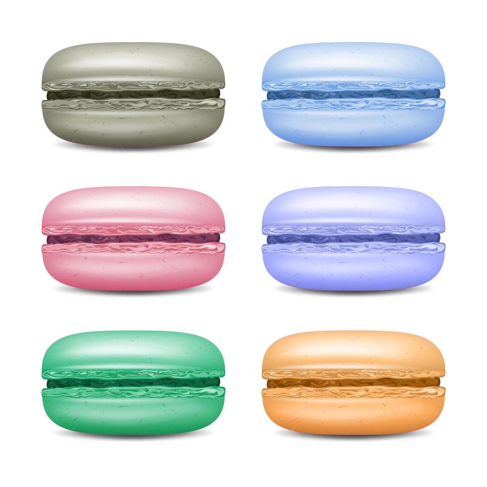 vector de conjunto de macarons realistas. macarrones franceses de colores detallados aislados en la ilustración de fondo blanco.