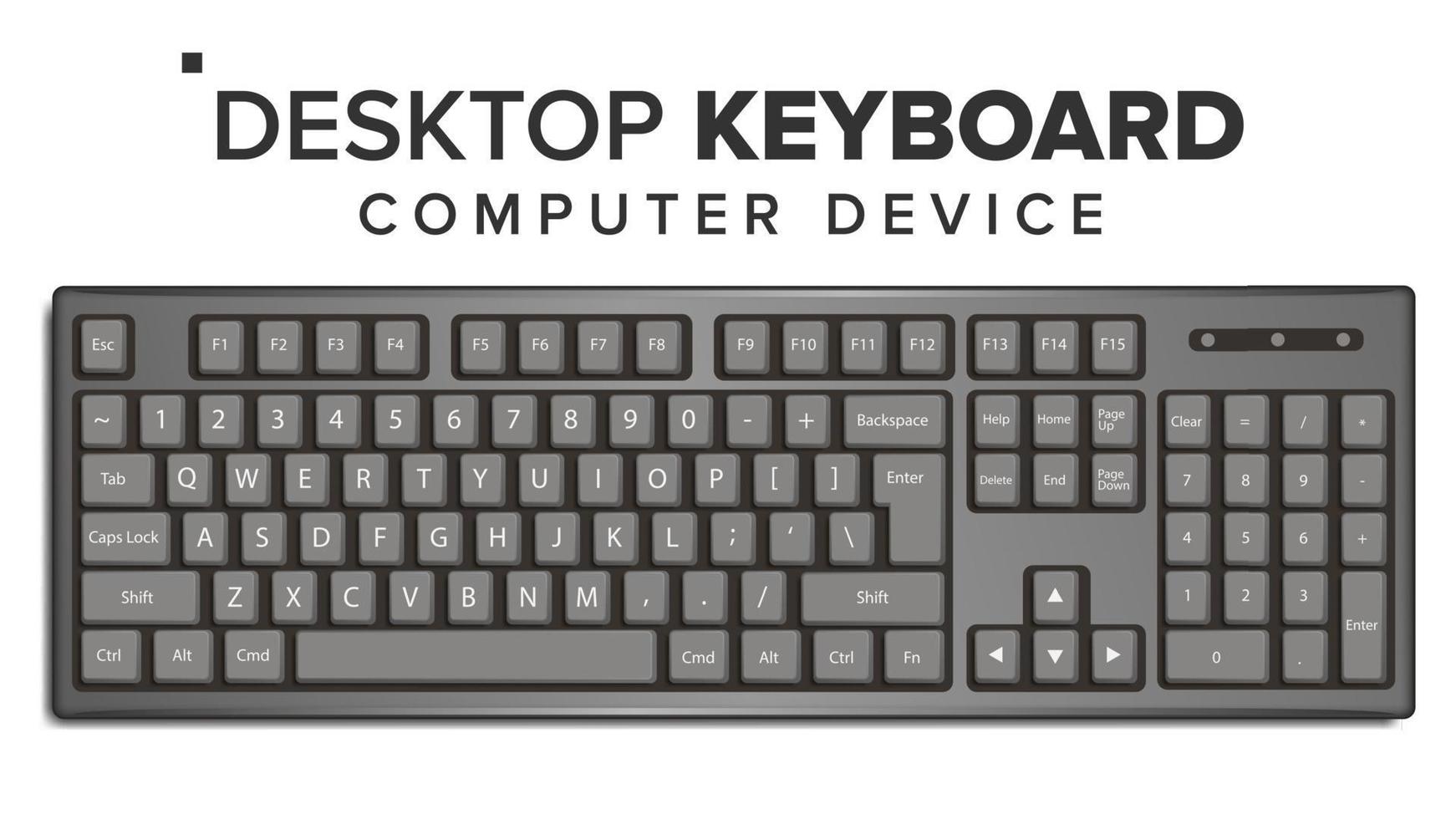 Desktop Keyboard Vector. 3D Realistic Classic Computer Keyboard Mockup. Isolated On White Illustration vector