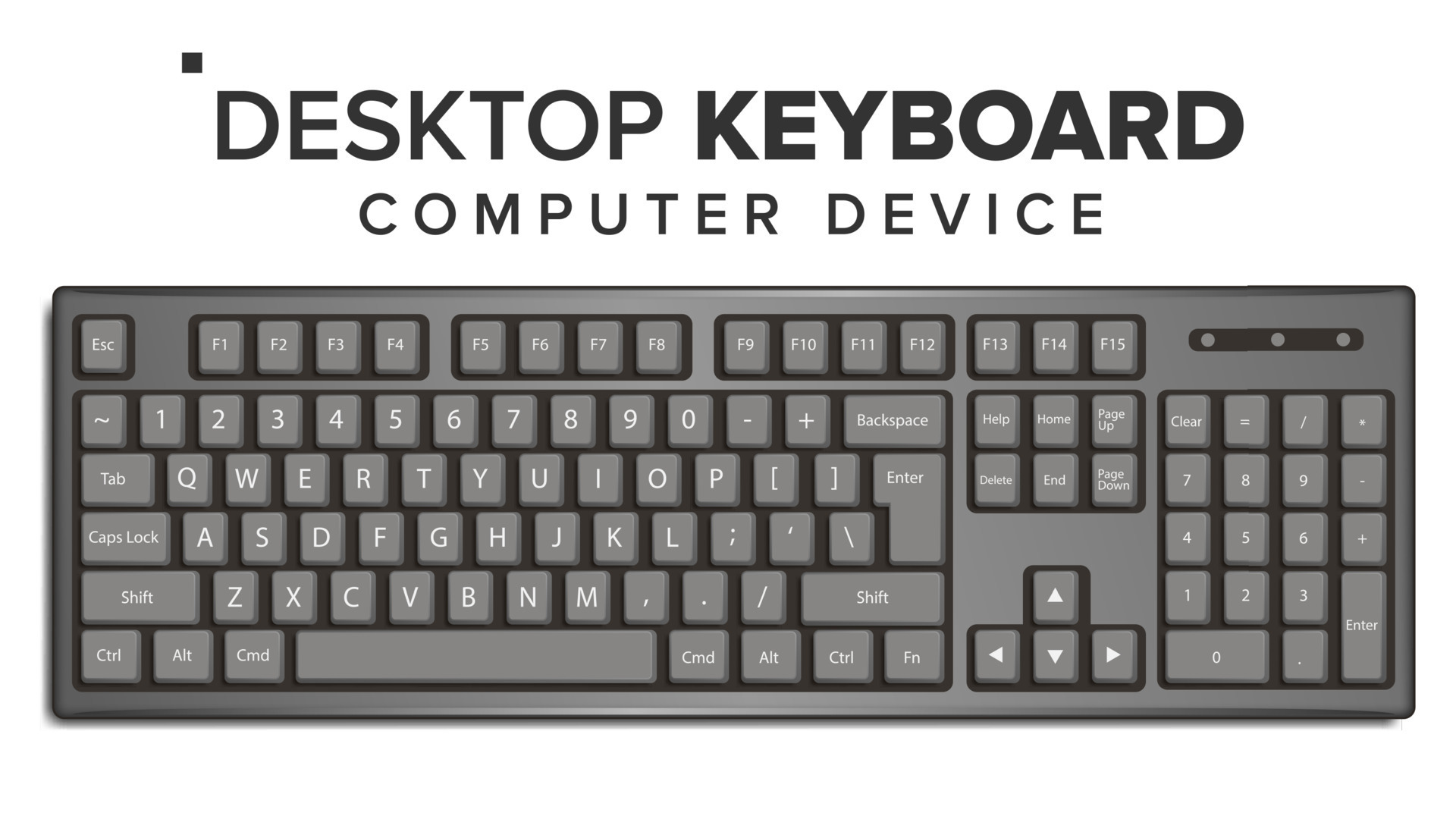 Desktop Keyboard Vector. 3D Realistic Classic Computer Keyboard Mockup