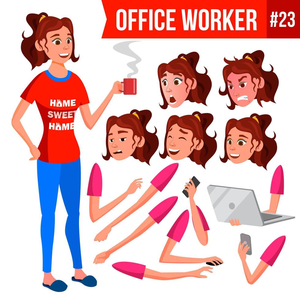 Office Worker Vector. Woman. Face Emotions, Various Gestures. Animation Creation Set. Isolated Cartoon Character Illustration vector