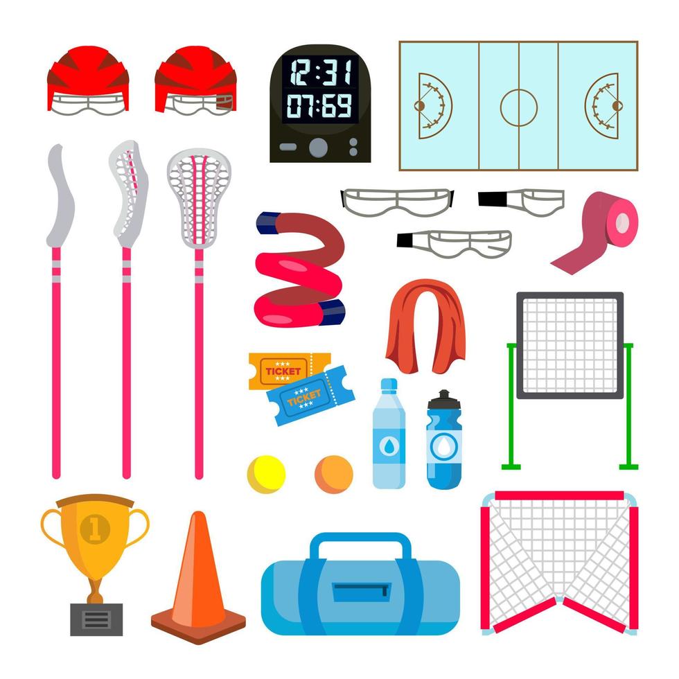 Lacrosse Icons Set Vector. Lacrosse Accessories. Gates, Net, Glasses, Mask, Stick, Helmet, Box, Timer, Plotter, Ball. Isolated Flat Cartoon Illustration vector