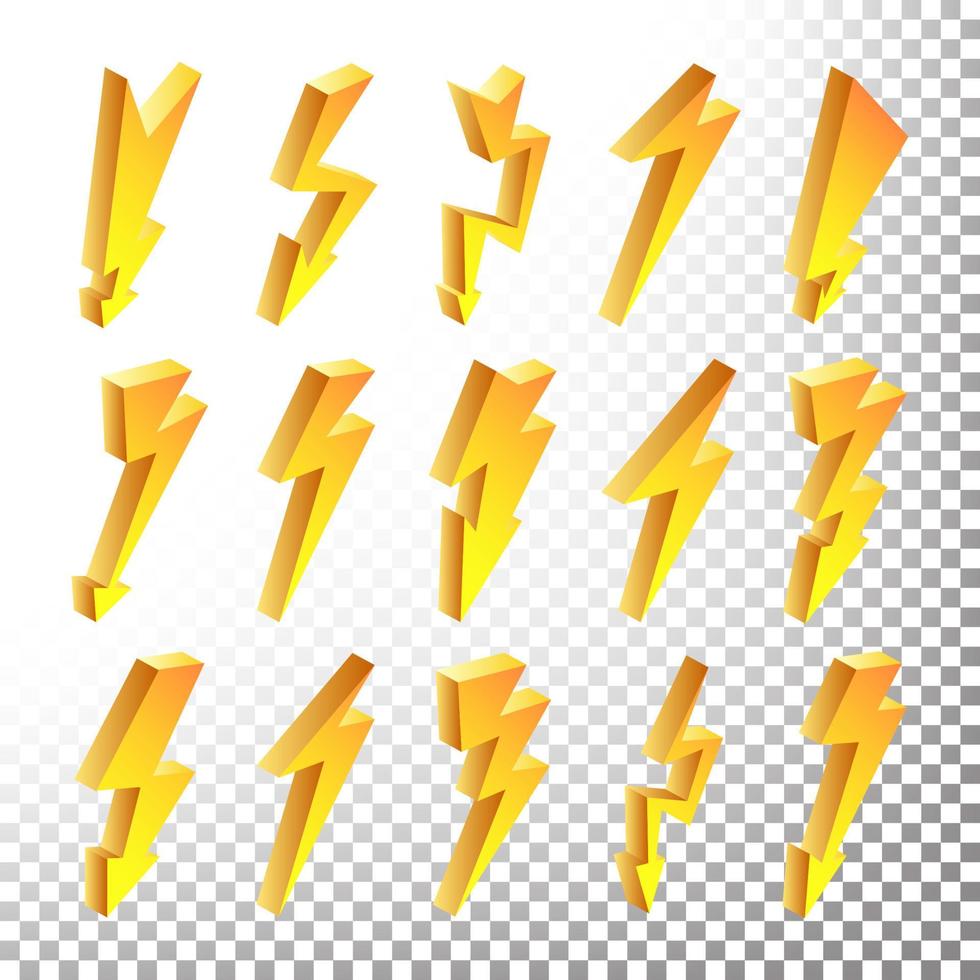 Conjunto de vectores de iconos de relámpagos 3d. ilustración aislada de relámpago amarillo de dibujos animados. pictogramas intermitentes. iconos de rayos