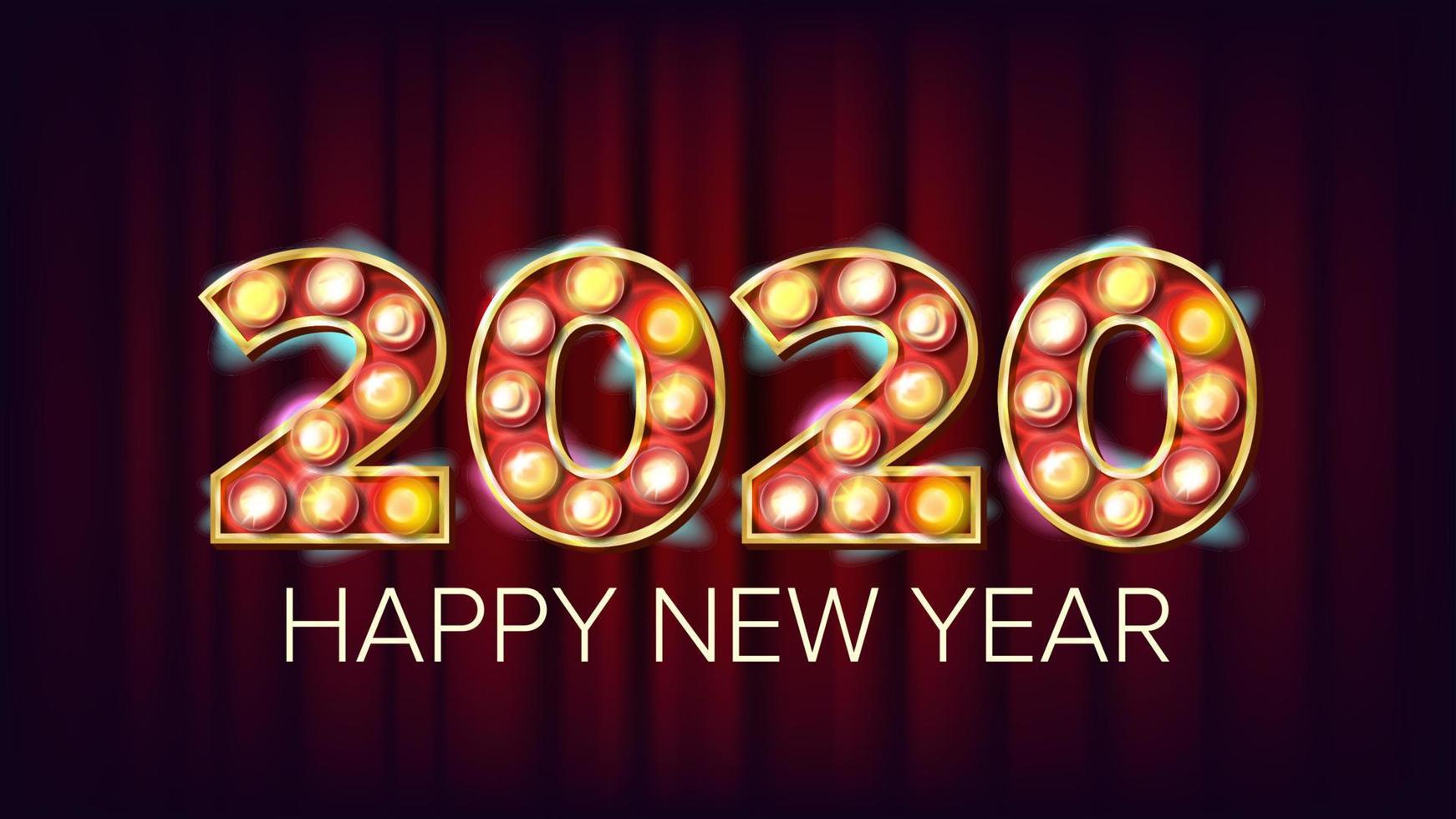 2020 Happy New Year Vector. Marquee Light Background Decoration. Greeting Card Design. 2020 Light Sign. Vintage Golden Illuminated Light. Holiday Retro Shine Lamp Bulb 2020. Illuminated Illustration vector