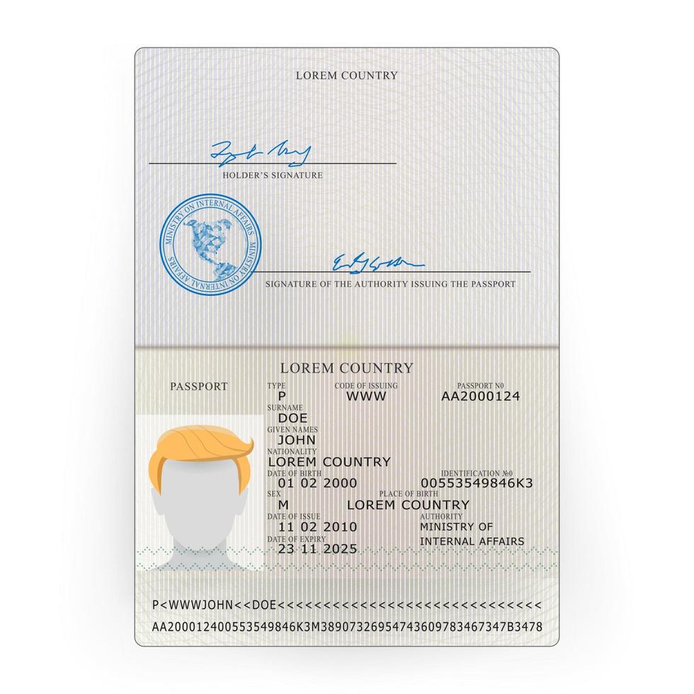 International Passport Vector. Sample Personal Data Page. International Identification Document. vector