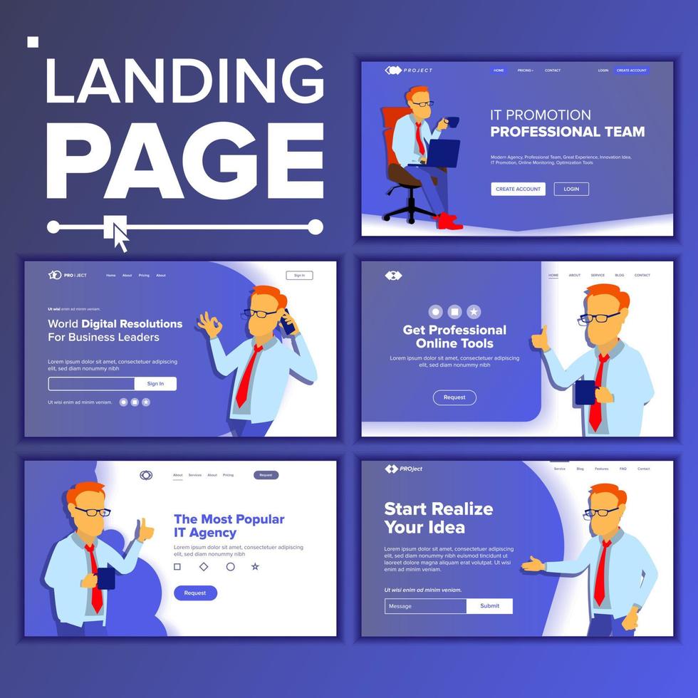 Landing Set Main Web Page Design Vector. Website Business Concept. Template. Working Team. Corporate. Illustration vector