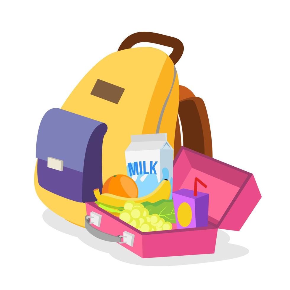 caja de almuerzo y vector de bolsa. mochila escolar con comida saludable para niños. ilustración de dibujos animados plana aislada